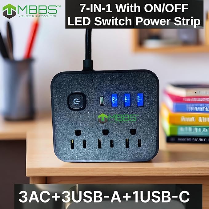 5ft Surge Protector Power Strip with USB C, 1200J Protection, Heavy Duty Extension Cord – (7-in-1) 3 AC Outlets, 4 USB Ports, LED On/Off Switch – Compact & Travel Friendly – Home, Office (Black)