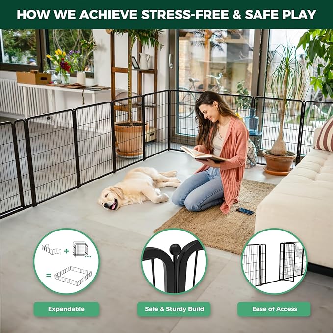 FXW Homeplus Unleashed Indoor Dog Playpen - Stress-Free and Safe Play, Heavy Duty 40 Inch 16 Panels Dog Pen for Medium and Large Dogs, Black│Patented