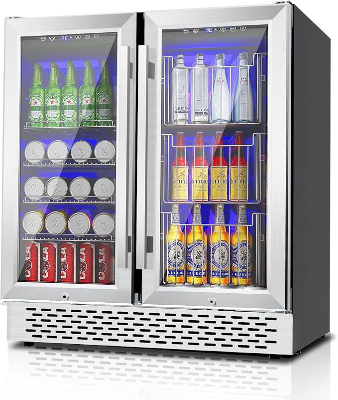 Dual Zone Beverage Refrigerator, 30'' Beverage Fridge with Detachable Basket, Intelligent Control Beverage Cooler with Glass Door Built-in or Freestanding with Blue LED Light, Hold 130 Can 60 Bottle