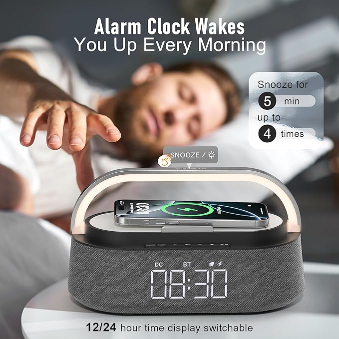 FREEFISH Bluetooth Speaker with Fast Wireless Charger,FM Radio,Touch LED Night Light,Phone Holder,Snooze,Portable Wireless Speaker for Bedrooms Office Home,Gifts (Black)
