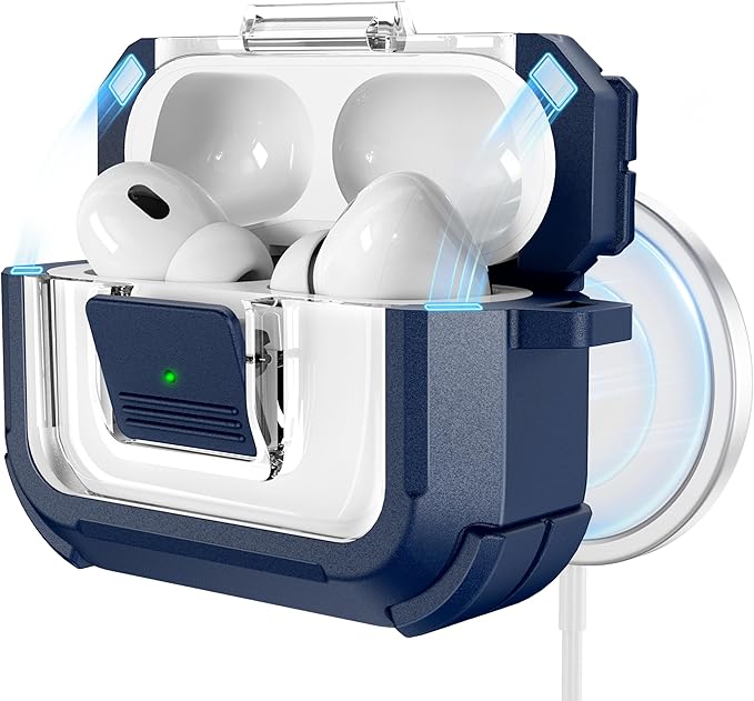 RFUNGUANGO for AirPods Pro 2 Case, Compatible with AirPods Pro 2nd/1st Generation Case, Compatible with MagSafe, Magnetic Automatic Lock with Cleaner Kit and Keychain, Front LED Visible, Blue