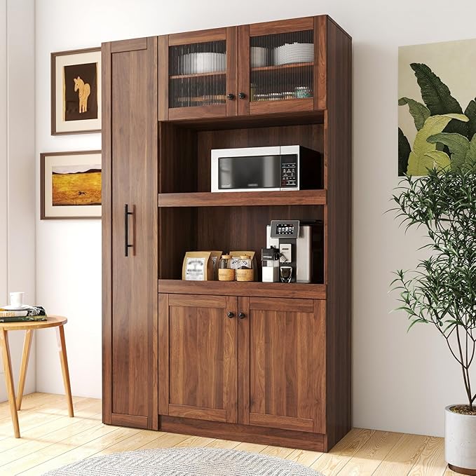 KEIKI 70.87" Tall Kitchen Pantry Storage Cabinet with Pull-Out Multi-Tier Shelf, Countertop, Glass Doors, Microwave Stand, Freestanding Wood Hutch Food Pantries Cupboard for Coffee Bar, Dining Room