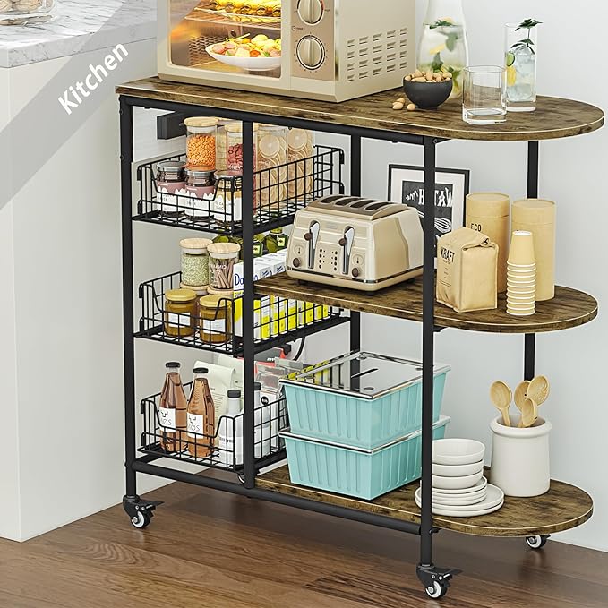 LINZINAR Kitchen Bakers Rack with Power Outlet Coffee Bar Table 3 Tiers Microwave Oven Stand with Wheels Pull-Out Wire Basket Kitchen Storage Shelf Rack for Spices Pots and Pans (Black, 3Tier)