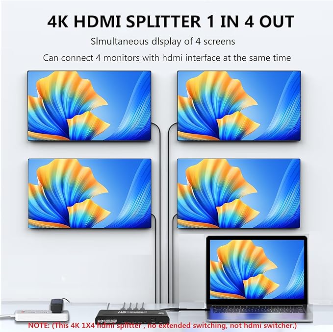4K HDMI Splitter 1 in 4 Out - 1x4 Powered HDMI Splitter 4 Port Multi Monitor Outputs,Mirror/Copy Screen Only (Not Extend) Support 4Kx2K@30Hz 3D for PS4/Projector/HDTV