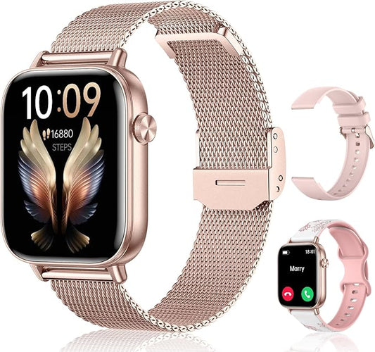 Smart Watch for Women (Answer/Make Calls) 1.83" HD Fitness Step Tracker Smartwatch Compatible Android iPhone Phones with Heart Rate/Sleep Monitor, 120+ Sports IP68 Waterproof, Rose Gold/3 Bands