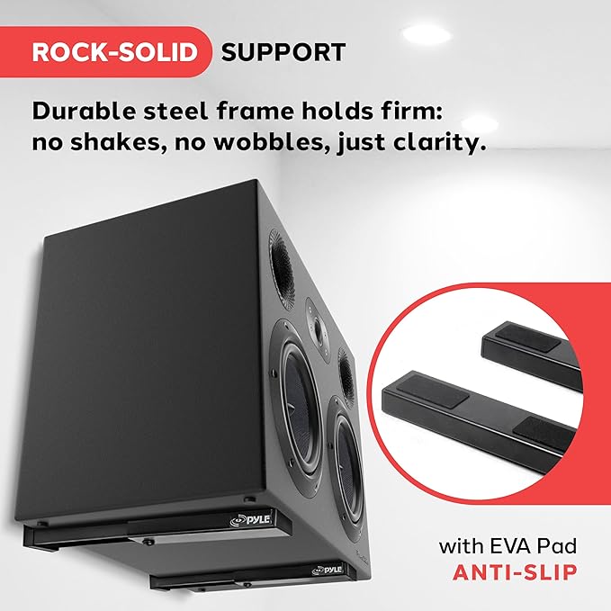 Pyle Adjustable Speaker Wall Mount Brackets - 2 Pack (4 Brackets) Extendable Steel Arms for Center Channel, Small or Large Speakers & Soundbars - 110 lbs Capacity, 6.7-11.8" Depth (Black)