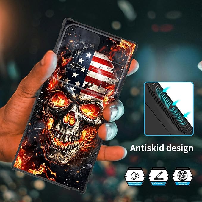 for Galaxy S25 Ultra Case Built in Slide Camera Lens Cover,Heavy Duty Shockproof Protection Dual Layer Case for Samsung Galaxy S25 Ultra 6.9" 2025,American Flag Flame Skull