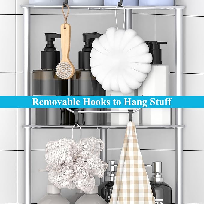 3 Tier Floor Standing Corner Shower Caddy Organizer Shelf with Hooks, Bathroom Shelves Stand Rack, Silver
