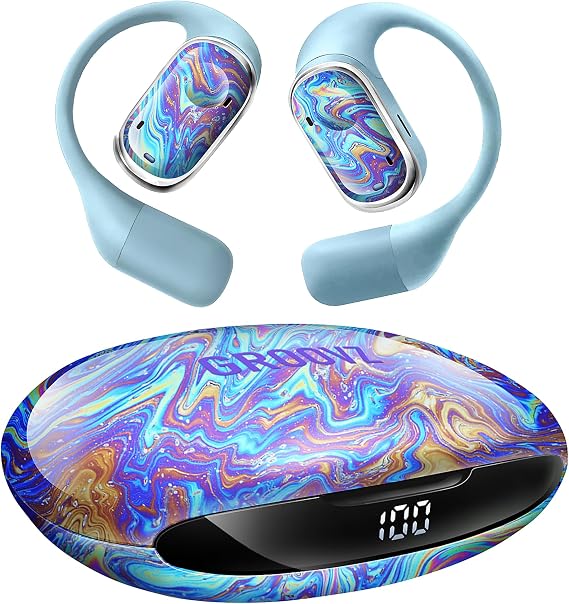 Groovz Open-Ear Plus True Wireless Headphones with Battery Display - Designed & Engineered in the USA - Multi-Point Pairing Bluetooth Open Ear Earbuds Compatible with Apple & Android - Oil Slick