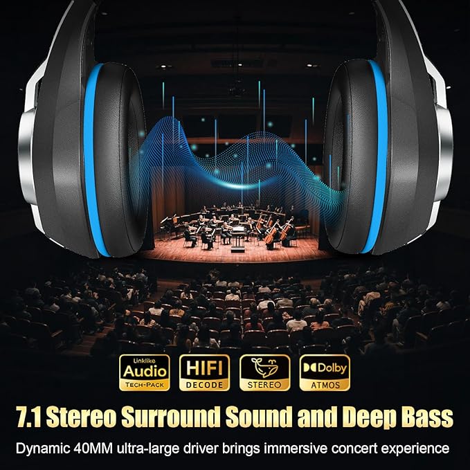 2.4GHz Wireless Gaming Headsets for PS5/PS4/PC/Switch/Xbox, RGB Noise Cancelling Over-Ear Headphones with 7.1 Surround Sound, 40mm Drivers, 276g ultraligero, Memory Foam, 45H Gaming Headphones 2025