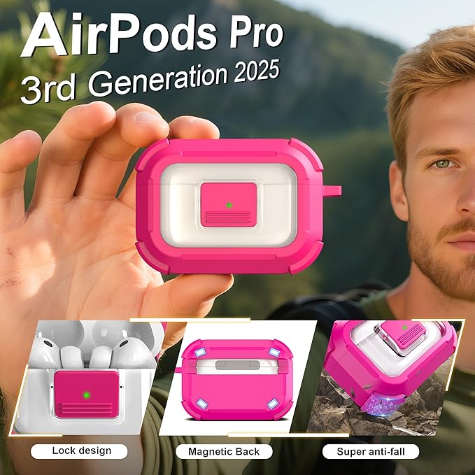 RFUNGUANGO for AirPods Pro 3 Case, Compatible with AirPods Pro 3 Generation Case (2025), Compatible with MagSafe, Magnetic Automatic Lock with Cleaner Kit and Keychain, Front LED Visible, Rose Red