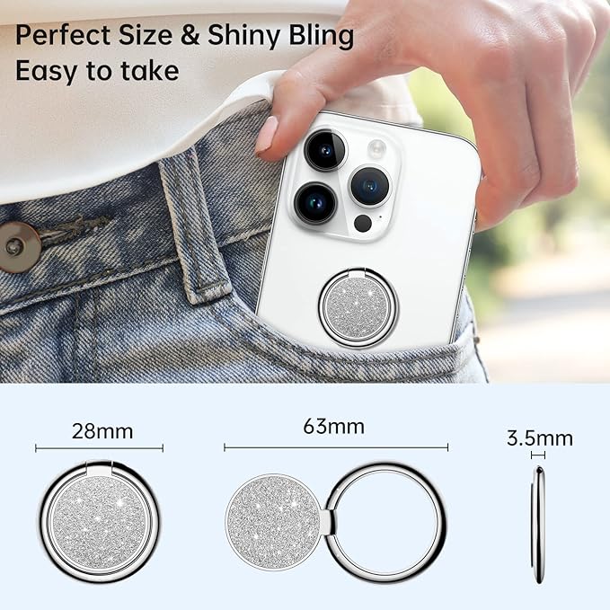 Syncwire Cell Phone Ring Holder Stand, Bling Bling Finger Ring Kickstand 360° Rotation Sparkle Phone Grip for Magnetic Car Mount Compatible with iPhone,Samsung,Pixel, All Smartphones - Glitter Silver