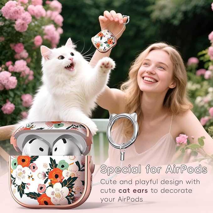 for AirPods 4 Case with Cleaning Kit, Cute Cat Ear Print Design & Cute Buckle, Inverted Phone Holder Design, Top Safe Lock Buckle Design, for Girls AirPods 4 case 2024, Rose Gold Flower