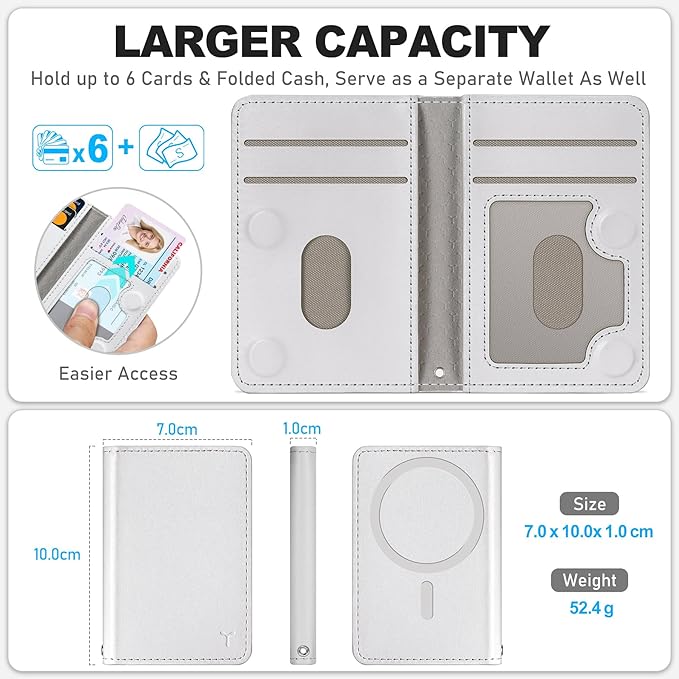 TUCCH for Magsafe Wallet with 6 Card Holders, RFID Blocking [Clear ID Window] PU Leather Men Women Folio Magnetic Phone Wallet for iPhone 17/16/15/14/13/12/Plus/Air/Pro/Pro Max Series, White