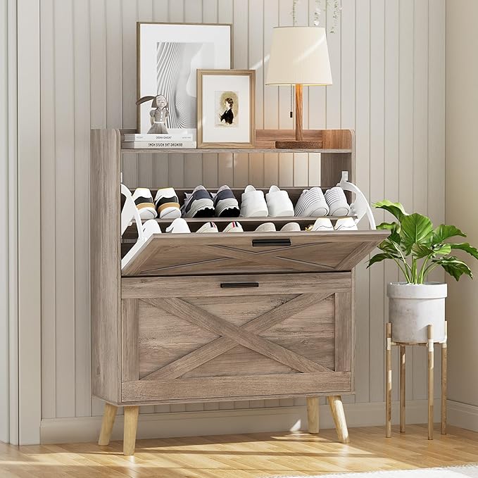 32" W Farmhouse Shoe Storage Cabinet with 2 Flip Drawers and Barn Door Design, Adjustable Shelves, Modern Hidden Slim Narrow Shoe Rack Cabinet for Entryway, Foyer, Hallway, Living Room,Greige