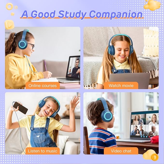Kids Headphones,Kid Headphone for School with Volume Limit of 94 db,Wired Children Headphone for Travel/Tablet Adjustable Headband Foldable(Blue)