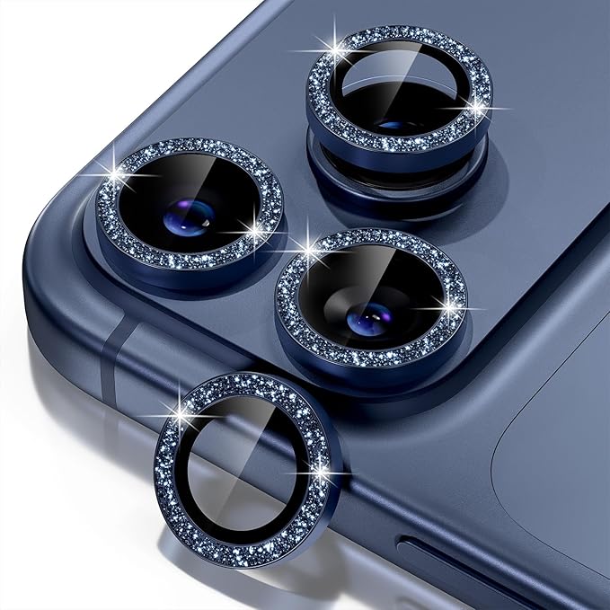 Misea Compatible for iPhone 17 Pro/iPhone 17 Pro Max Camera Lens Protector Bling, 9H Tempered Glass Camera Cover Screen Protector Metal Individual Ring Decoration Accessories, Blue Glitter