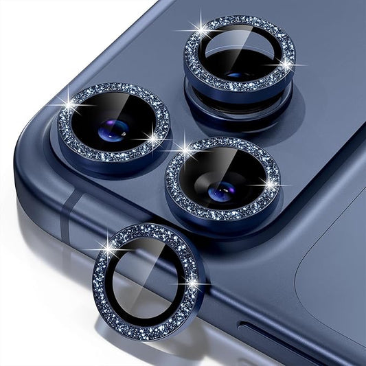 Misea Compatible for iPhone 17 Pro/iPhone 17 Pro Max Camera Lens Protector Bling, 9H Tempered Glass Camera Cover Screen Protector Metal Individual Ring Decoration Accessories, Blue Glitter