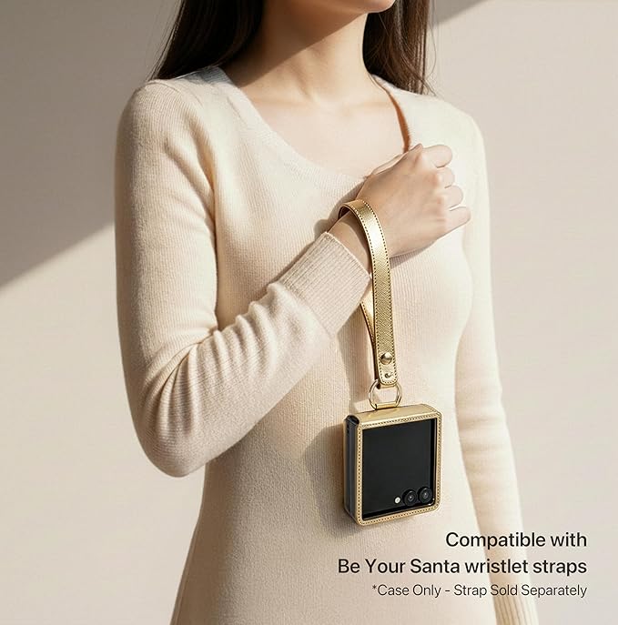 [BeYourSanta] Galaxy Z Flip 7 Case with Ring - Avant-Garde Handmade Saffiano Vegan Leather Case, Anti-Scratch Hinge Protection, Made in Korea (3 Pockets, Fortuna Gold)