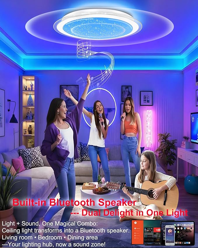 WF-Version LED Ceiling Light with Speaker 60W 21Inch Control via app/Voice/Remote Adjustable Brightness & Color Temperature Ceiling Lamp RGB Ambient Lighting for Bedroom Kids Room and More