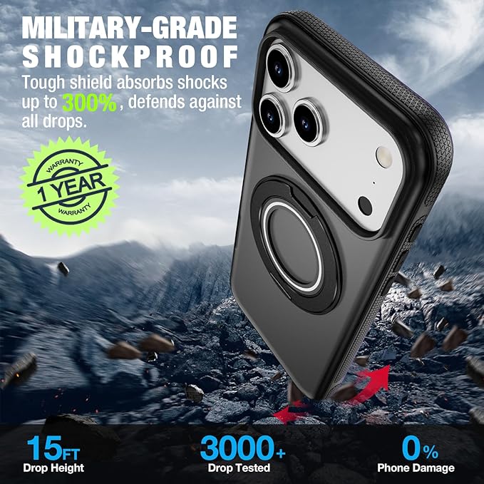for iPhone 17 Pro Case [Compatible with Magsafe] [15 FT Military Grade Drop Protection] with Screen Protector & Lens Protector,Shockproof Kickstand Phone Case for iPhone 17 Pro (Black)