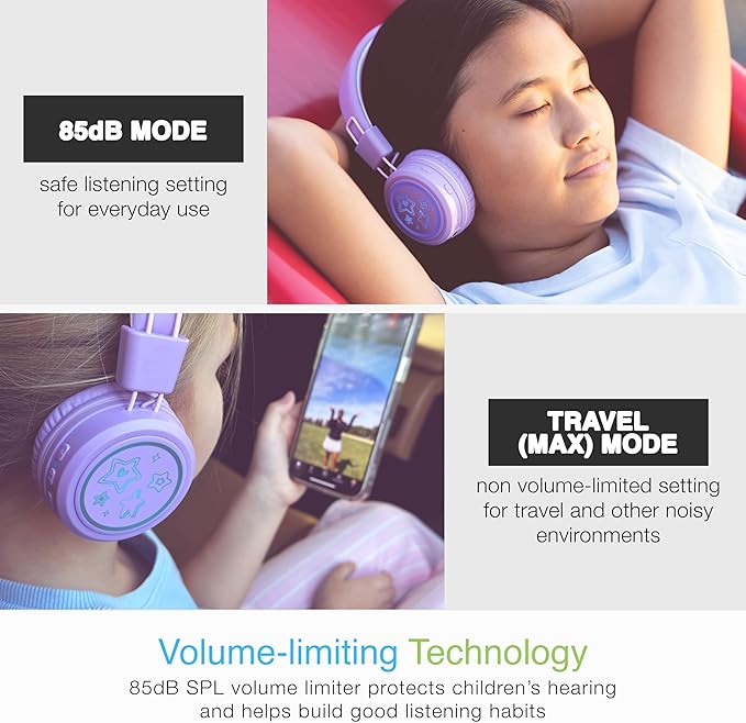 MEE Audio KidJamz KJ55BT Bluetooth Wireless Safe Listening Headphones for Children w/LED Lights, 85dB Volume Limiter, Microphone, & 40h Battery; Kids Headset for School/iPhone/iPad/Tablet (Lavender)