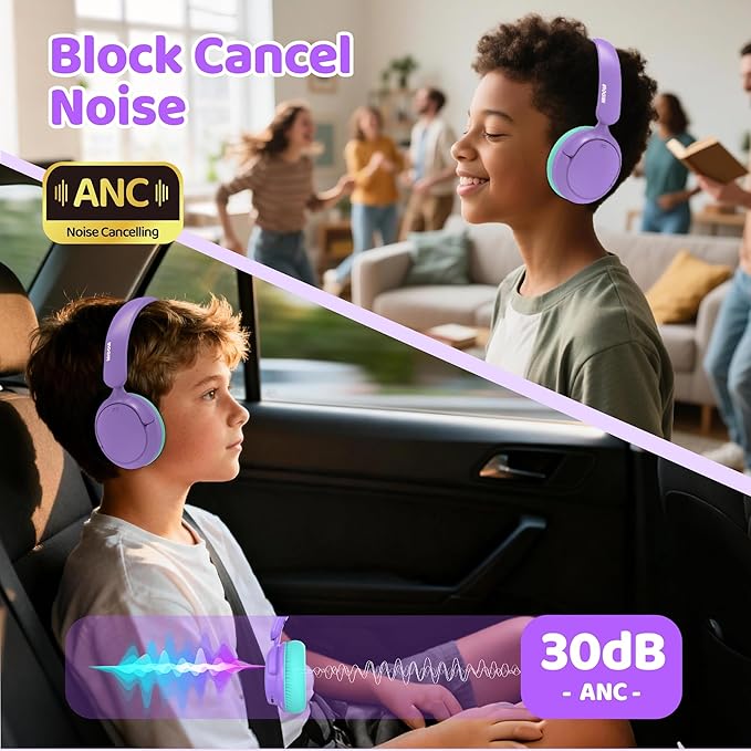 MIDOLA Active Noise Cancelling Kids Headphones Bluetooth 5.4 Wireless Volume Limited 85/94dB,Type C Fast Charging,Over Ear Foldable with Mic Aux Cord for Toddler Child Pad Tablet Purple
