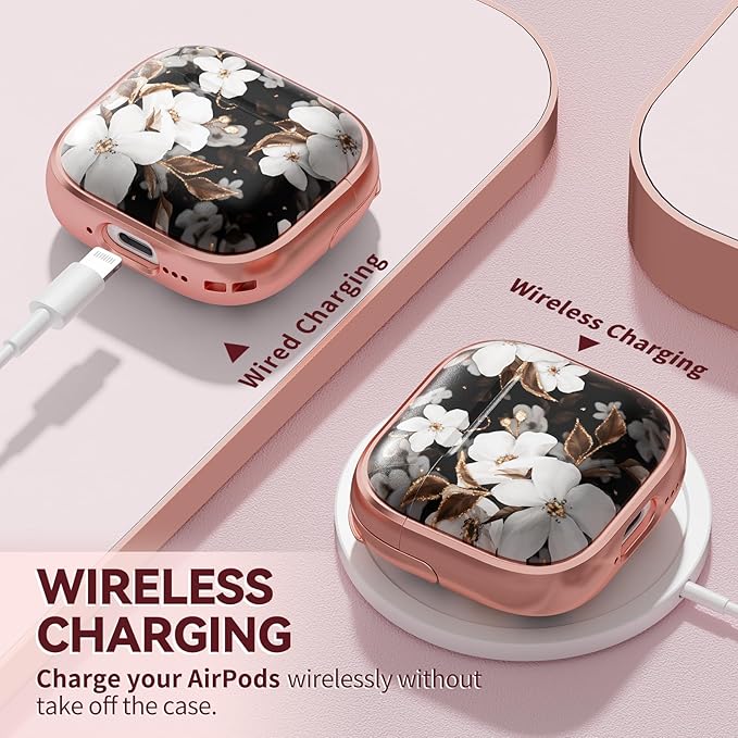 Inesore with Safety Lock for AirPods 4 Case,Clear Floral Cute AirPod 4th Generation Case for Women Girly with Cleaner Kit and Keychain-Black+Gold Black Gold Flower