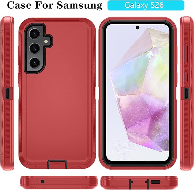 ONOLA Compatible with Samsung Galaxy S26 Case with HD Screen Protector, Heavy Duty Shockproof & Dropproof 3-Layer Cover Phone Case for Galaxy S26 6.3''，RedBlack