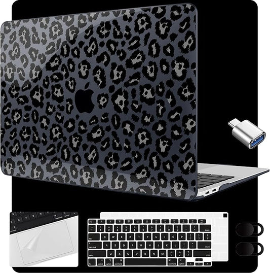 MEEgoodo for MacBook Air 13.3 inch Case 2021 2020 2019 2018 A2337 M1 A2179 A1932, Laptop Shell for MacBook Air M1 with Keyboard Webcam Cover & Trackpad Film & Type C Adapter,Snow Leopard Texture