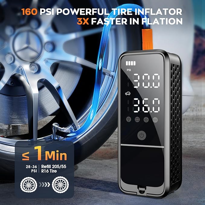 Tire Inflator Portable Air Compressor, Portable Air Pump with Tire Gauge Pressure & LED Light Air Pump for Car Tires Portable Tire Inflator for Car Cordless Bike Pump for Car (Black)