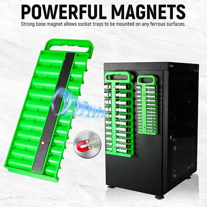 Magnetic Socket Organizer Set, 3 Pcs Green Portable Heavy Duty Socket Rail Set: 1/4-Inch x 22 Pallets, 3/8-Inch x 28 Pallets, 1/2-Inch x 26 Pallets, Hold 76 Sockets - Fit Shallow&Deep Sockets