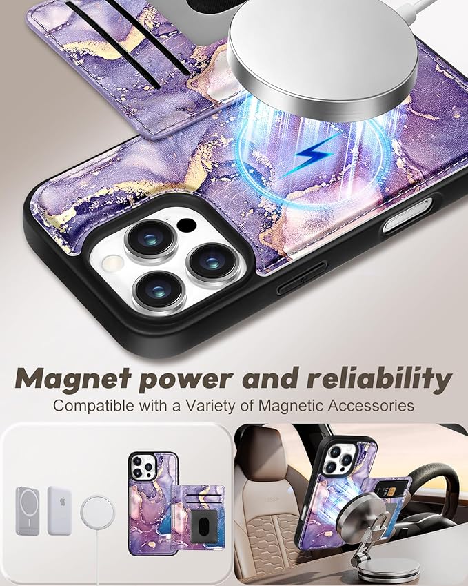 for iPhone 16 Pro Case with Wallet - Fits 4 Card Slots, Compatible with MagSafe for Women Aesthetic Durable PU Leather Credit Card Holder Kickstand Phone Cover for Apple 16 Pro, Purple Marble