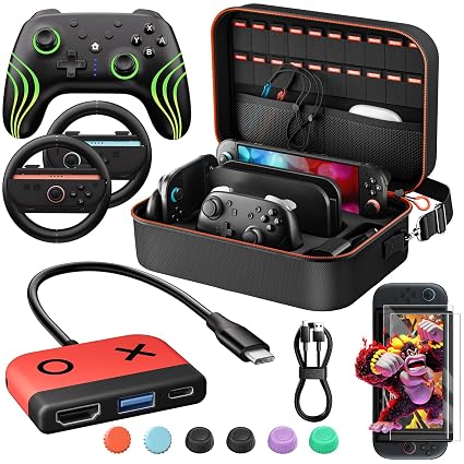 Switch 2 Pro Controller & TV Dock Accessories Bundle 14-in-1, Essential Kit