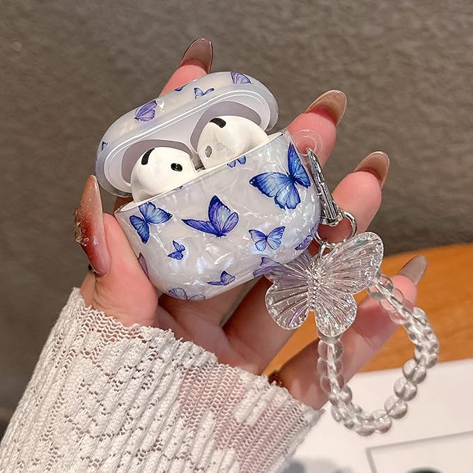 for Airpod 4 Case Cute White Marble Hard Protective Cover with Keychain Compatible with AirPods 4th Generation Case 2024 for Girls Women (Bluish-Purple Butterfly)