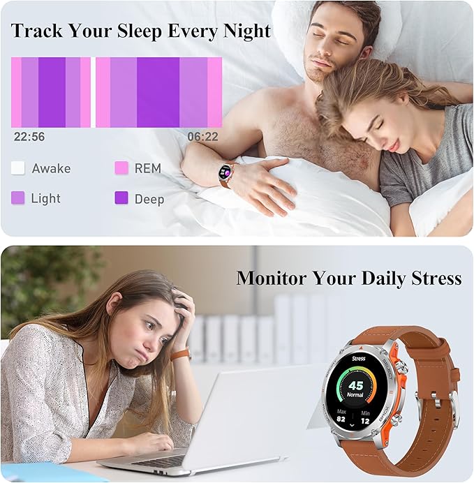 Popglory Smart Watch, 1.43''AMOLED 45mm Military Smartwatch Men Women Answer/Make Call, Digital Fitness Watch, 110+ Sports, Blood Pressure, Heart Rate, Stress Monitor Sports Watch for Android or iOS