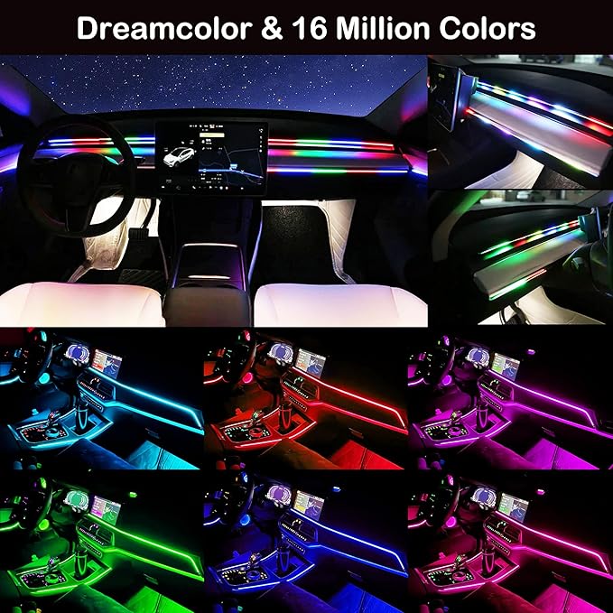 Interior Car LED Strip Lights, RGB 2 in 1 Dynamic Dreamcolor Chasing Acrylic LED Lights for Car, USB Powered Ambient Lighting Kits with Wireless APP, Sound Active Function Car Neon Lights (2 in 1)