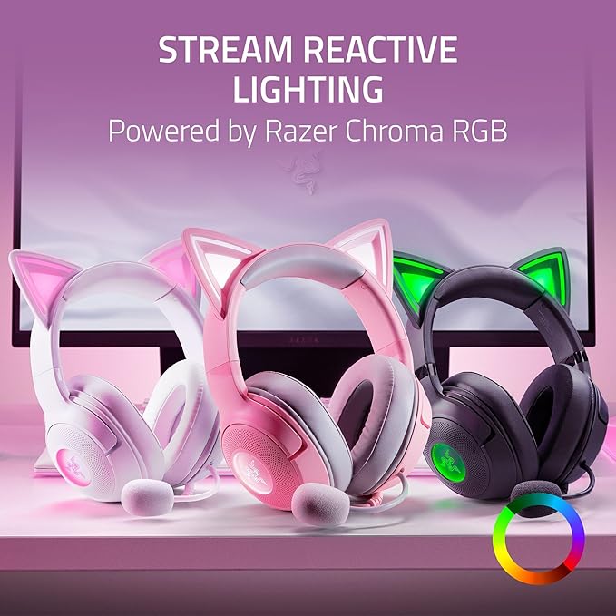 Razer Kraken Kitty V2 USB Wired Headset: Chroma RGB Kitty Ears - Stream Reactive Lighting - HyperClear Cardioid Mic - 40 mm Drivers - 7.1 Surround Sound - Comfortable Ear Cushions - Black