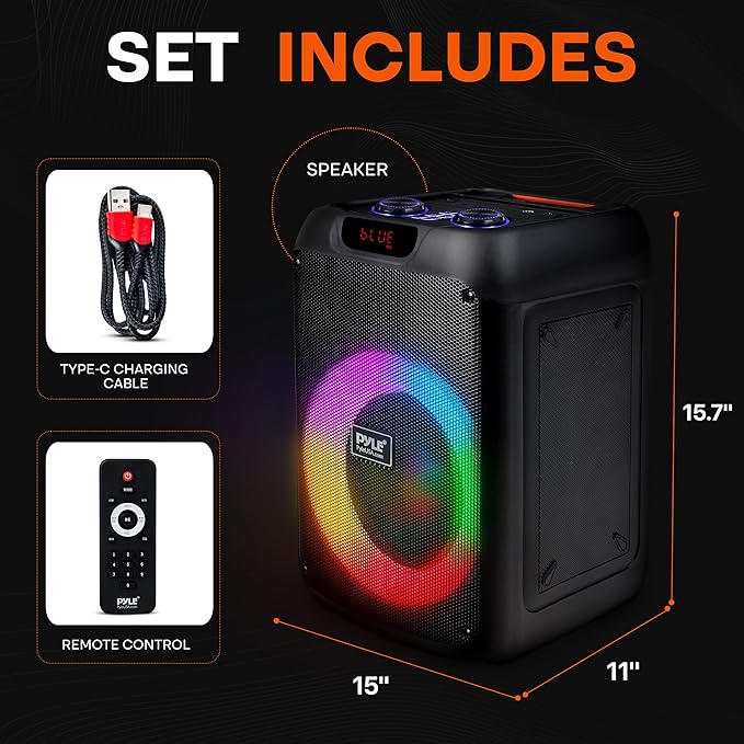 Pyle Party Speaker - 100W Bluetooth PA Karaoke Speaker with 8" Woofer, Features Echo, Bass & Treble Control, USB/SD/BT/FM Radio, MIC in, LED Lights, for Events, Home & DJ Use
