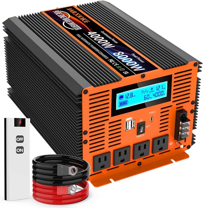 4000 Watt Pure Sine Wave Power Inverter 12V DC to 110V 120V Converter for Family RV Off Grid Solar System Car with Type-C Ports 4 AC Power Outlets Dual USB Ports LCD Display and Remote Control