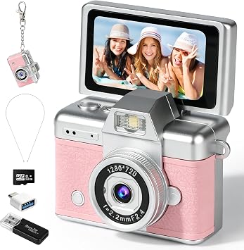 Mini Flip Screen Digital Camera, 1.47 Inch Pocket Retro Camera with USB-C Charging, 1080P/720P Video, MicroSD Support Up to 128GB, Portable Keychain Camera (Pink)