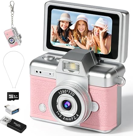 Mini Flip Screen Digital Camera, 1.47 Inch Pocket Retro Camera with USB-C Charging, 1080P/720P Video, MicroSD Support Up to 128GB, Portable Keychain Camera (Pink)