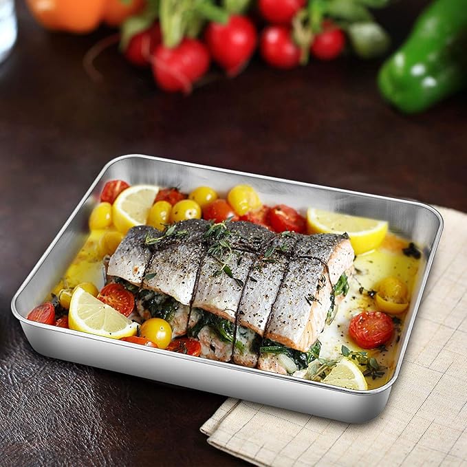 TeamFar Rectangular Cake Pans with Lids, 10.5’’ x 8’’ x 2’’ Stainless Steel Lasagna Brownie Pan For Baking Roasting, Healthy & Solid, Brushed Surface & Dishwasher Safe, (2 Pans+2 Lids)