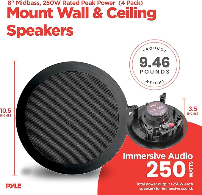 Pyle PDIC81RDBK 8 Inch 250 Watts Flush in-Wall in-Ceiling Black Speakers, with 2 Way Stereo Sounds, Ideal for Custom Installations, Pack of 4