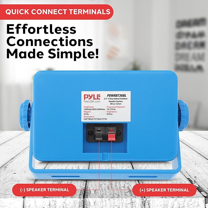 Pyle Wireless Bluetooth Speaker System, 3.5" 2-Way Indoor Outdoor Waterproof Speakers with Polymer Tweeter, Heavy Duty ABS, Quick Connect Terminals, Perfect for Deck, Patio, Poolside, Boats (Blue)