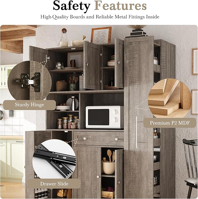 Large Kitchen Pantry Cabinet 52.8Wx17.7Dx70H inch, Freestanding Buffet with Hutch,Storage Cabinets Cupboard w/Pull-Out Side-Cabinet+ Door Shelves and Drawer, Brown