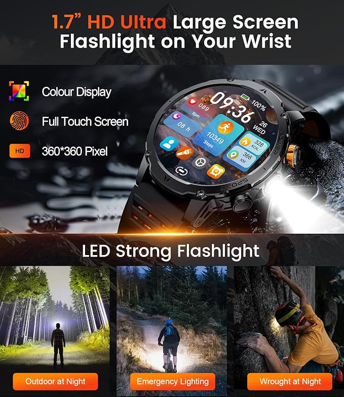 LIGE Smart Watch for Men with Flashlight,1.7" Smartwatch with 100+ Sports Modes,1000mAH,Health Tracker,IP68 Waterproof, Smart Watch for Android iOS Black 3 Straps 2 Chagers