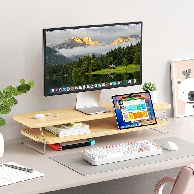 Monitor Stand Riser, Bamboo & Acrylic 2 Tier Computer Monitor Stand with LED Light, 31.5 inch Large Desktop Organizer for Desk, Stand for Computer, Laptop, Printer, PC & TV Screen Riser