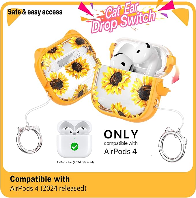 RFUNGUANGO AirPods 4 Case for Women Girly Cat Case with Lock, Phone Stand, Keychain & Cleaner Kit, Compatible with Apple Airpods 4th Generation Case Cover, Transparent Sunflower