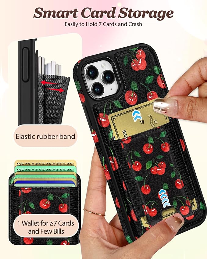 Shorogyt for iPhone 11 Pro Max Wallet Case - Fits 5 Cards, Compatible with Magsafe Detachable Magnetic Credit Card Holder Leather Cardholder Cute Phone Cover Women Girls for Apple 11 ProMax, Cherry